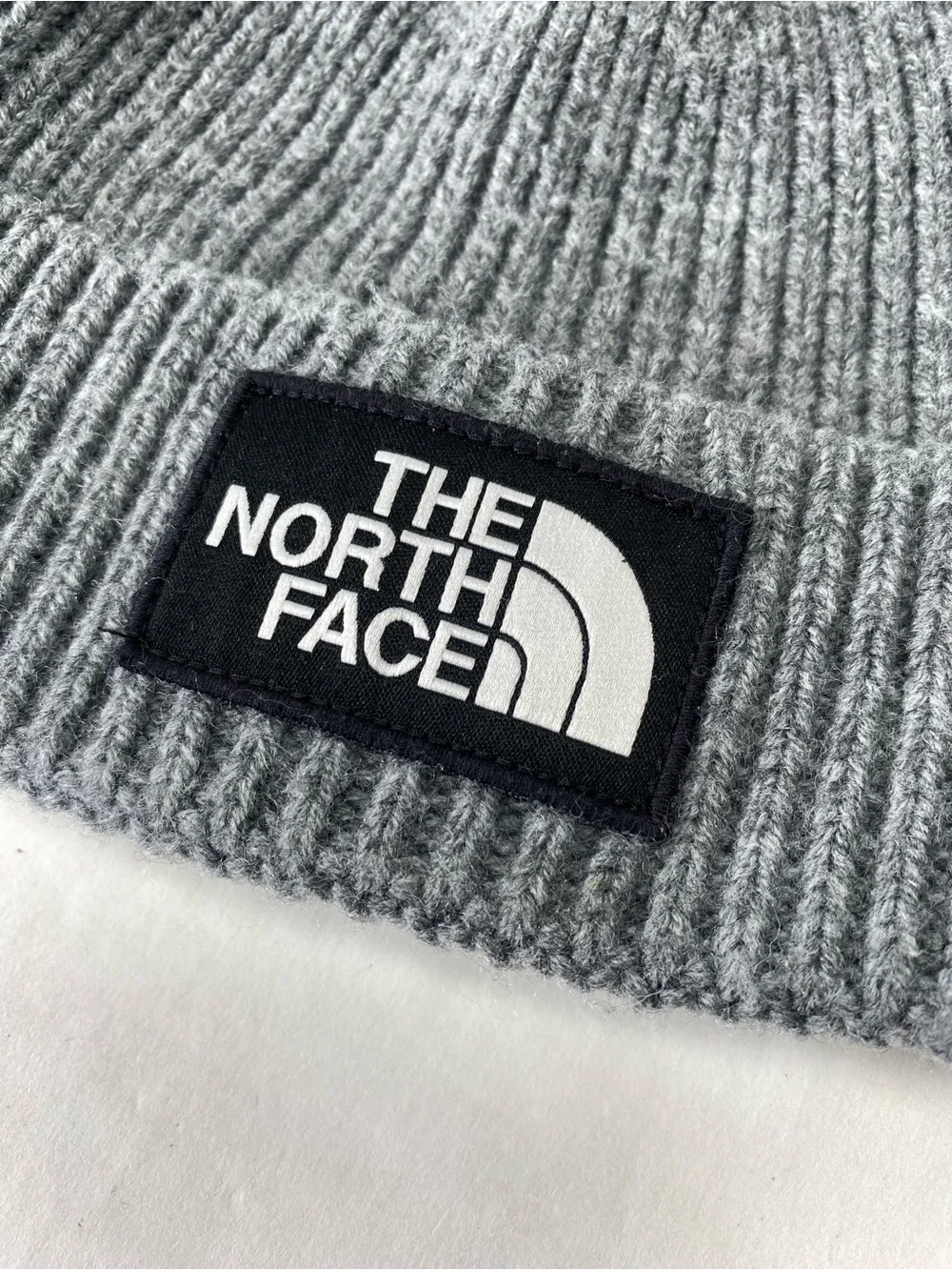 The North Face Charcoal Ribbed Knit Beanie with Logo Patch - Unisex